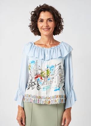 Bluză țesătură poplin mâneci lungi albastru LESLIE femeie