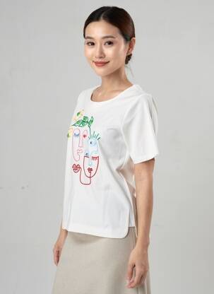 Tricou serigrafie mâneci scurte bej LEO & UGO femeie