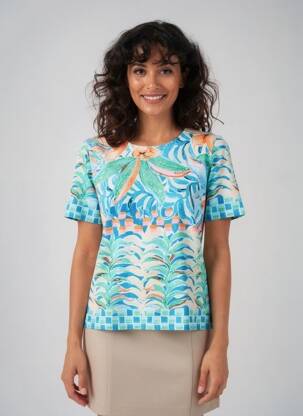 Tricou imprimeu fantezie mâneci scurte albastru LEO & UGO femeie