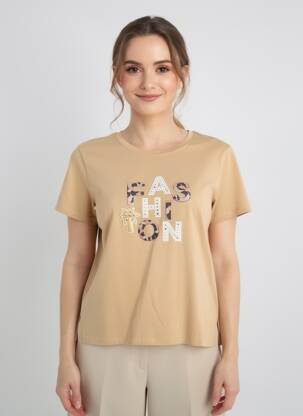 Tricou serigrafie cu strasuri mâneci scurte bej ANANKE femeie