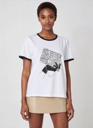 Tricou serigrafie cu strasuri mâneci scurte alb LEO & UGO femeie