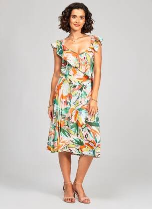 Rochie midi imprimeu floral mâneci scurte verde PAUL BRIAL femeie