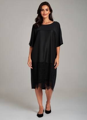 Rochie midi croială fluidă mâneci scurte negru ANDAMIO femeie