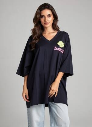 Tricou serigrafie flockată mâneci scurte albastru AMY&CLO femeie