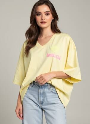Tricou serigrafie flockată mâneci scurte galben AMY&CLO femeie