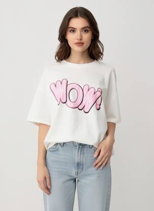 Tricou serigrafie flockată mâneci scurte alb AMY&CLO femeie