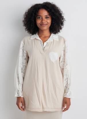 Tunică mâneci lungi guler de bluză bej NEW COLLECTION femeie