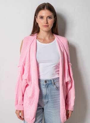 Vestă cu mâneci lungi tricotaj din plasă roz TRICOT STATION femeie
