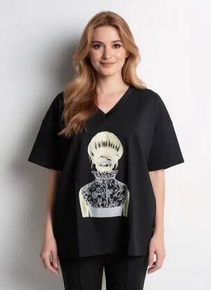 Tricou croială dreaptă mâneci scurte negru E&F femeie