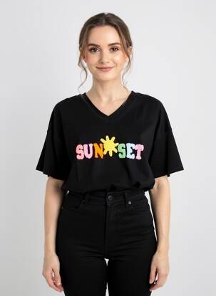 Tricou croială dreaptă mâneci scurte negru E&F femeie