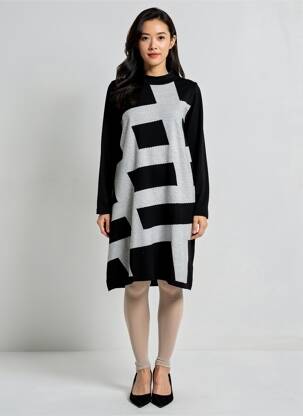 Rochie midi imprimeu fantezie mâneci lungi negru SCORZZO femeie