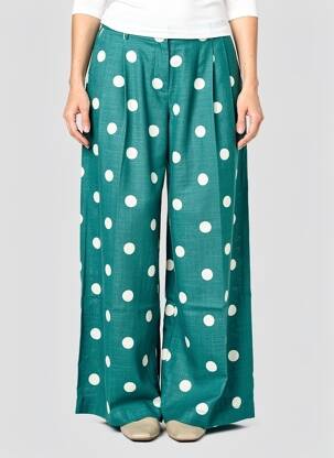 Pantalon larg țesătură poplin talie înaltă verde GRACE & MILA femeie