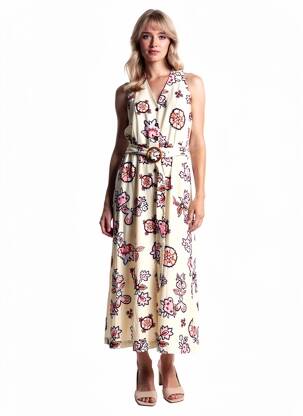 Rochie lungă imprimeu fantezie fără mâneci bej GRACE & MILA femeie