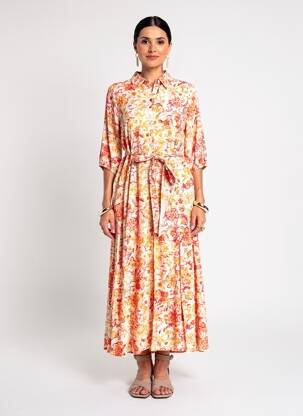 Rochie lungă imprimeu floral mâneci 3/4 bej CREAM femeie