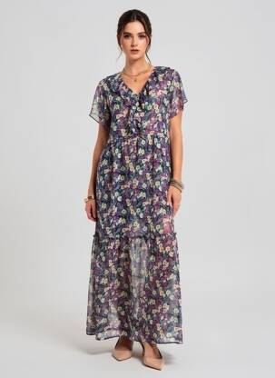 Rochie lungă imprimeu floral mâneci scurte verde LILI & LALA femeie