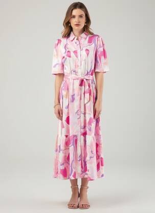Rochie lungă imprimeu floral mâneci scurte roz Y'COO femeie