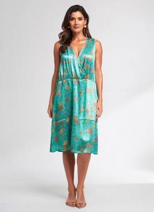 Rochie midi imprimeu floral fără mâneci verde CREAM femeie