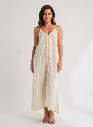 Rochie lungă țesătură crep bretele subțiri bej MADE IN ITALY femeie
