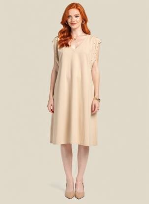 Rochie midi mâneci scurte mâneci scurte bej ANDROMEDE femeie