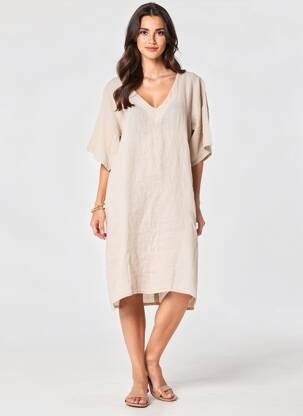 Rochie midi țesătură crep mâneci scurte bej IZZY femeie
