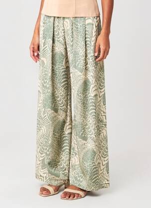 Pantalon larg țesătură poplin mărime normală verde MOMONI femeie