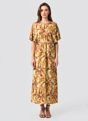 Rochie lungă imprimeu fantezie mâneci scurte maro SOEUR femeie
