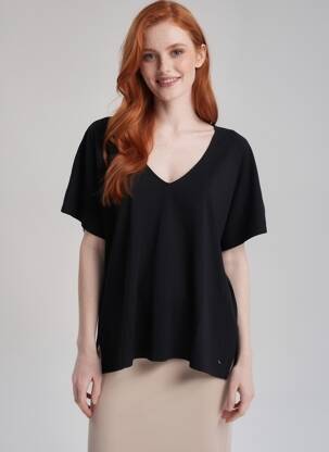 Tricou croială dreaptă mâneci scurte negru DES PETITS HAUTS femeie