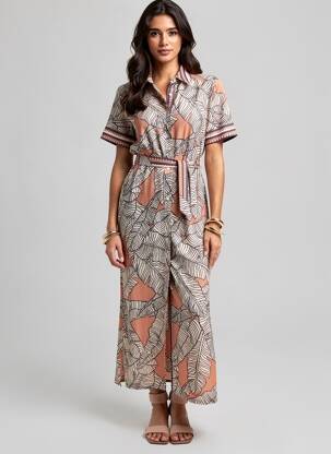 Rochie lungă imprimeu fantezie mâneci scurte maro FUEGO WOMAN femeie