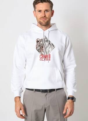 Hanorac cu glugă serigrafie flockată mâneci lungi alb CAVALLI bărbat