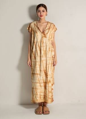 Rochie lungă imprimeu fantezie mâneci scurte maro GOLD & SILVER femeie