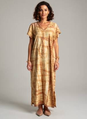 Rochie lungă imprimeu fantezie mâneci scurte maro GOLD & SILVER femeie