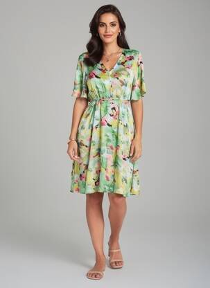 Rochie midi imprimeu fantezie mâneci scurte verde SUZZY & MILLY femeie