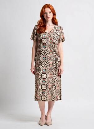 Rochie midi imprimeu fantezie mâneci scurte bej AZAY femeie