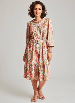 Rochie midi mâneci 3/4 mâneci 3/4 portocalie K-DESIGN femeie