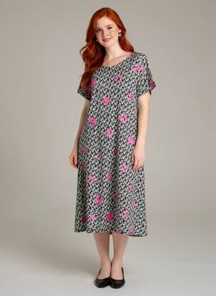 Rochie midi imprimeu fantezie mâneci scurte negru AZAY femeie