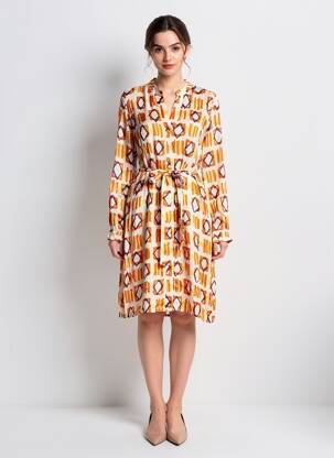 Rochie midi imprimeu fantezie mâneci lungi portocalie BELLA JONES femeie
