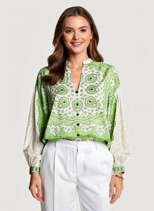 Bluză țesătură poplin mâneci lungi verde BELLA JONES femeie