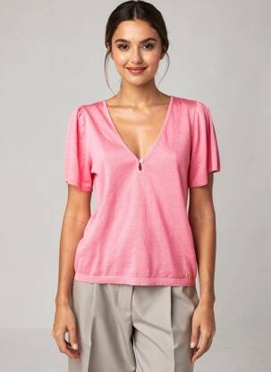 Tricou guler în v mâneci scurte roz DES PETITS HAUTS femeie