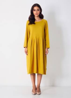 Rochie midi mâneci lungi mâneci lungi galben ARTLOVE femeie