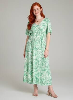 Rochie midi imprimeu fantezie mâneci scurte verde ICHI femeie