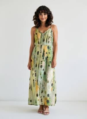 Rochie lungă imprimeu fantezie fără mâneci verde SURKANA femeie