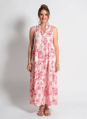 Rochie lungă țesătură poplin fără mâneci roz SURKANA femeie