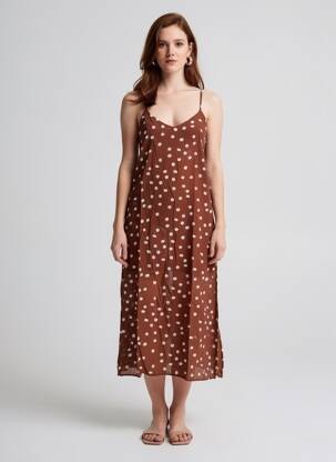 Rochie midi țesătură crep bretele subțiri maro FREEMAN T.PORTER femeie