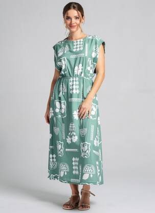 Rochie lungă imprimeu fantezie mâneci scurte verde ICHI femeie