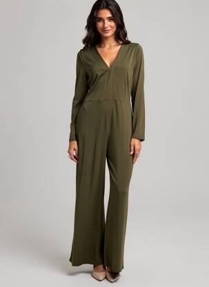 Salopetă-pantalon țesătură poplin mâneci lungi verde SURKANA femeie