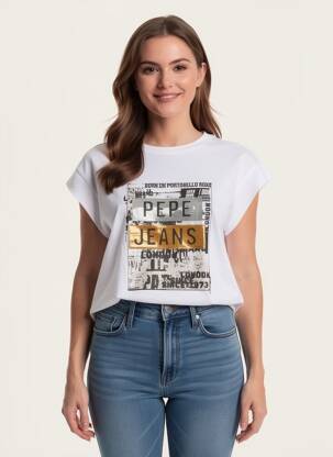 Tricou serigrafie cu strasuri mâneci scurte alb PEPE JEANS femeie
