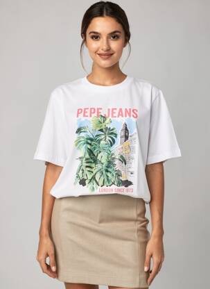 Tricou serigrafie flockată mâneci scurte alb PEPE JEANS femeie