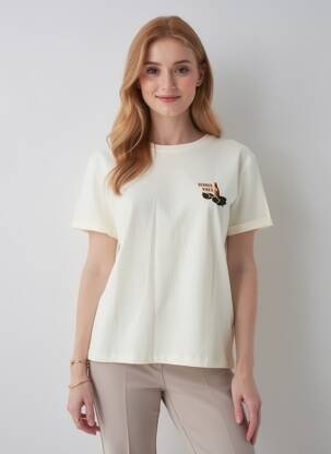 Tricou serigrafie flockată mâneci scurte bej LEE COOPER femeie