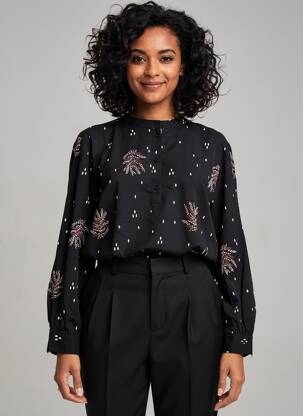 Bluză țesătură poplin mâneci lungi negru FRANSA femeie