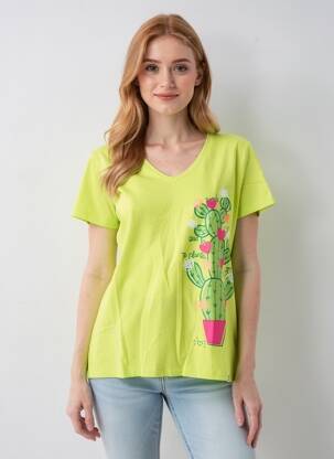 Tricou serigrafie flockată mâneci scurte verde NOOS NOOS femeie